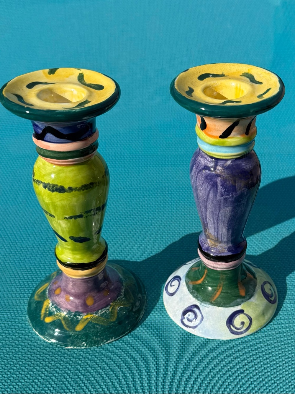 Multicolor Ceramic Candlesticks Candle Holders Folk Art Rare Style Decor